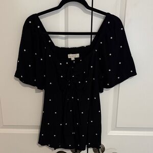 LOFT Black Top with White Polka Dots and Front Tie